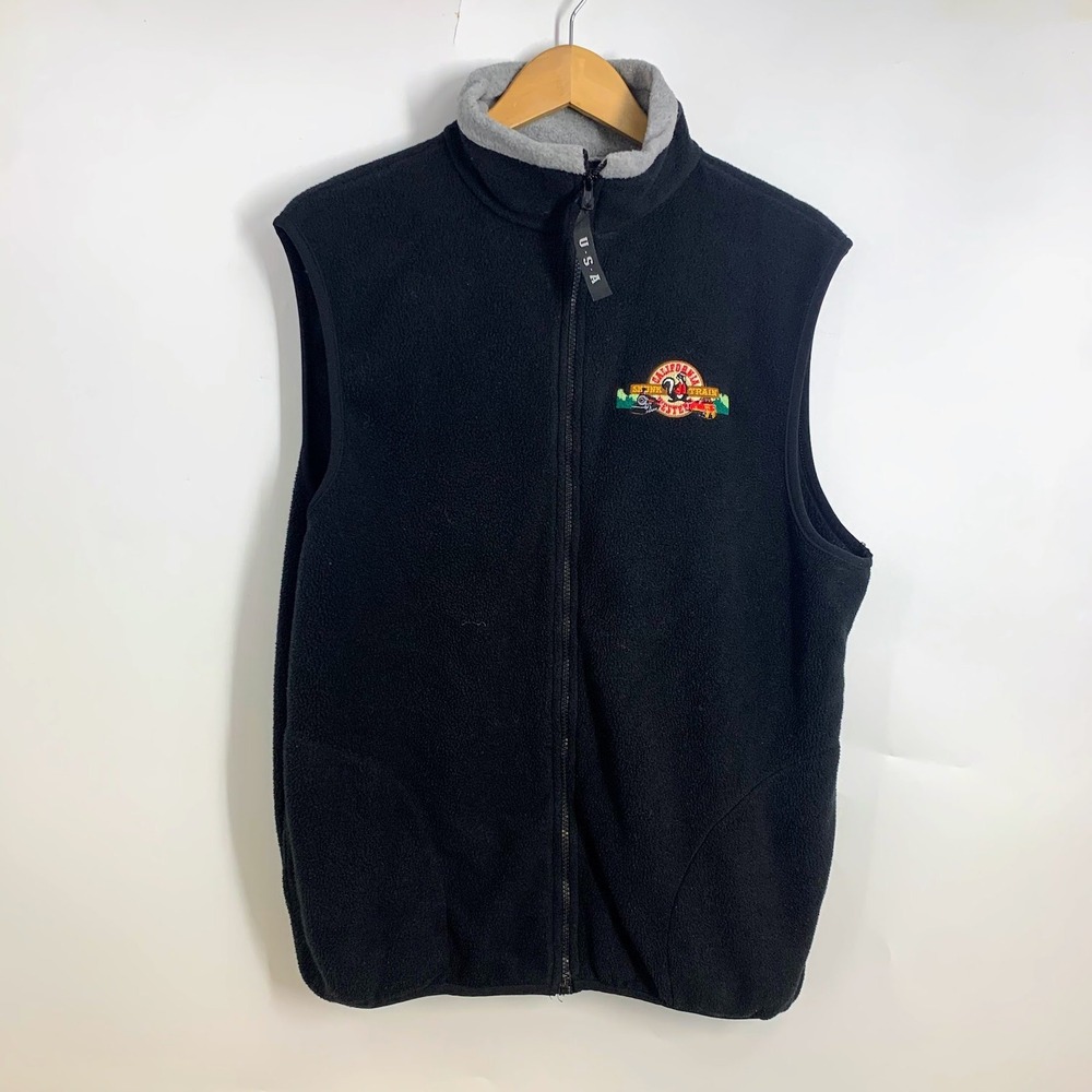 Vintage California Western Skunk Train Fleece Vest Black‎ Full Zip Mens XL